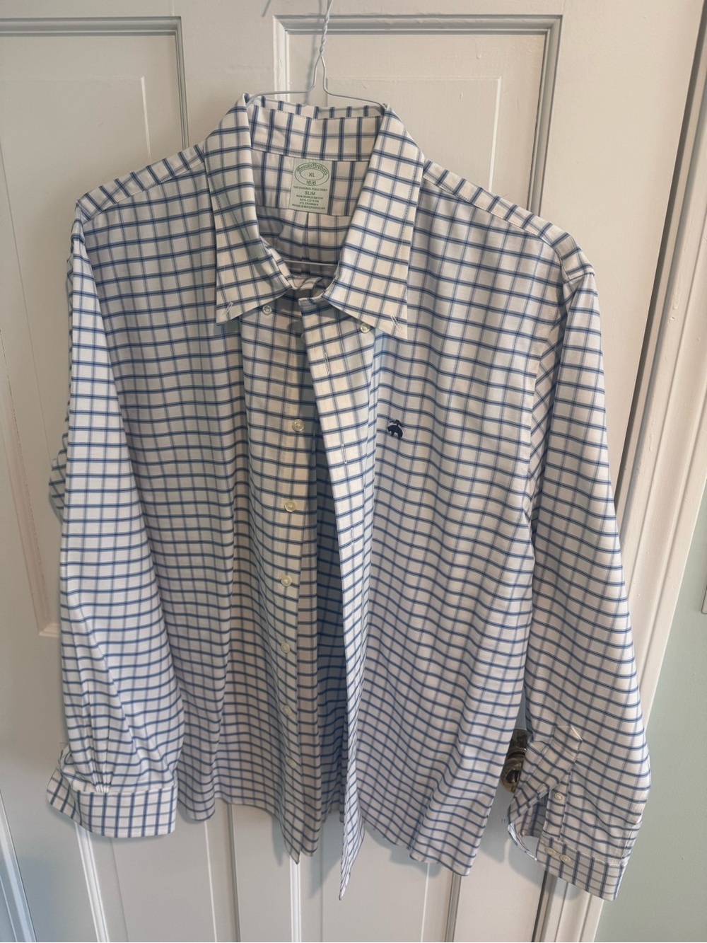 Brooks Brothers Classic Men's White & Blue Windowpane Button-Down - XL Slim